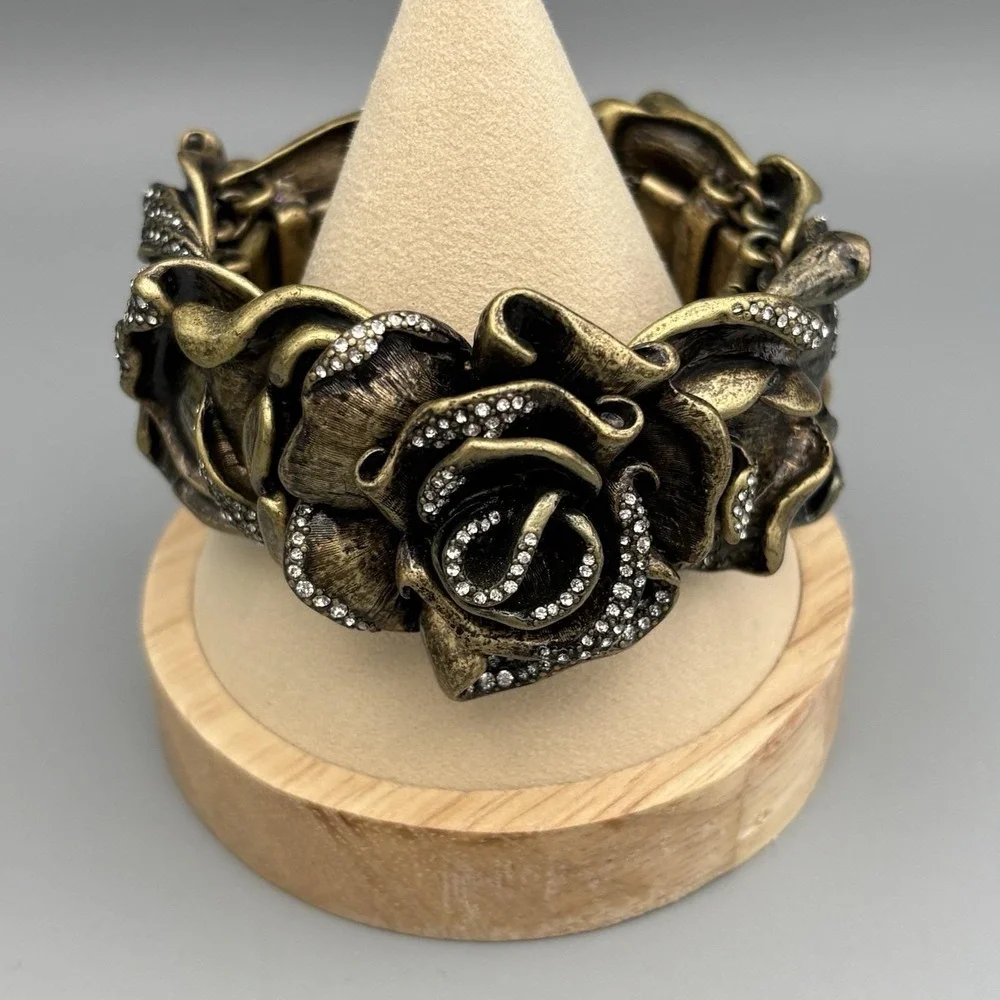 Vintage Rose Statement Bracelet Bronze Crystals Romantic HEAVY